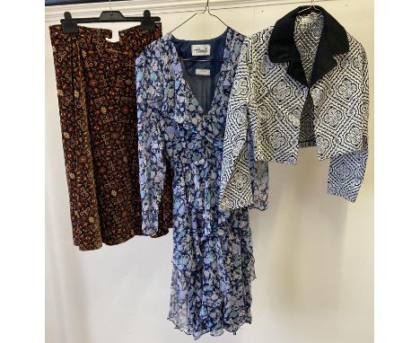 3 items of women's vintage clothing to include a floral Hammels dress and a 1980's bolero style jacket with silver metallic t