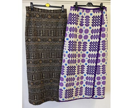 A vintage 1960's full length Welsh wool tapestry wrap skirt by Jon Ro Fashions, in cream purple and blue geometric design. To
