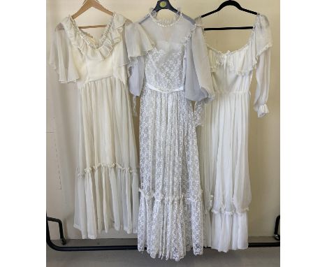 3 vintage 1970's chiffon wedding dresses, 1 with lace overlay detail. 