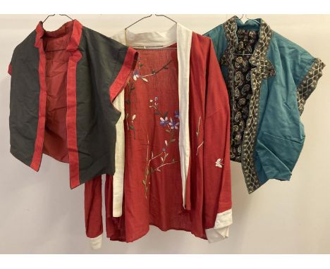 3 vintage Oriental jackets. 2 crop style sleeveless tops together with a long sleeved Oriental open jacket with embroidered d