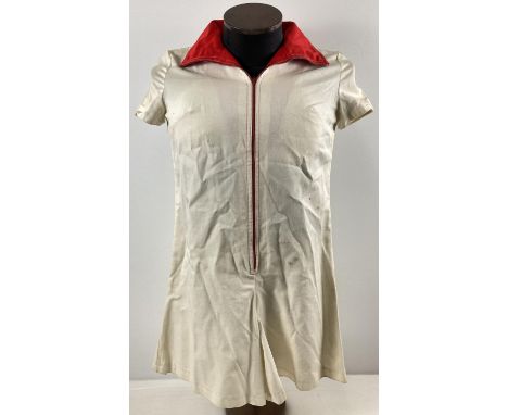 A vintage 1960's Mary Quant's Ginger Group cream coloured playsuit with red collar and zip. Some staining. 