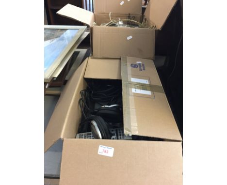 BOX WITH VIDEO RECORDER AND TWO PAIRS PANASONIC WIRELESS HEADPHONES