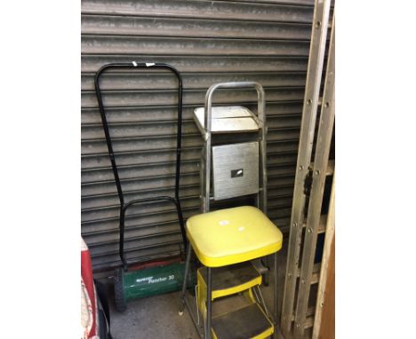 A STEP STOOL, SMALL LADDERS, AND A GARDEN FEEDER