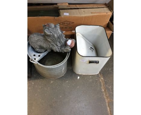 AN ENAMEL BIN, MOP BUCKET AND DOG ORNAMENT