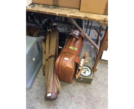 A CASE OF BOOKS, OLD GOLF CLUBS, CLOCK, THERMOMETER AND A PRINTER