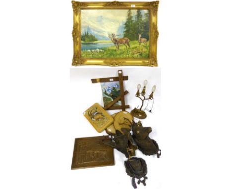 A General Small Collection, of paintings, a lamp, coat hook, relating to deer and hunting (a/f)