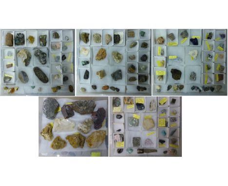 Mineral Specimens: five boxes containing diverse mineral specimens, briefly including Silvered Mica, Semi Opal, Black Tourmal