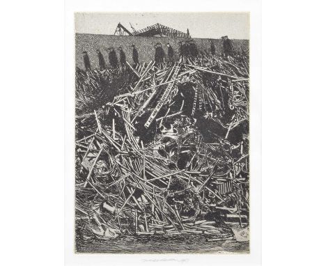 Harry Norman Eccleston (British 1923-2010) Scrap pile and figures Signed and dated 1957 in pencil in the margin, etching.24 x