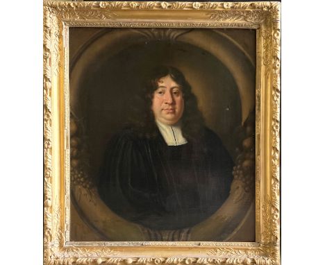 Portrait eines Geistlichen in gemalter Rahmung mit Früchten, 18. Jh., Öl/Lwd. (aufgez.), Altersspuren, 81 x 71 cm
