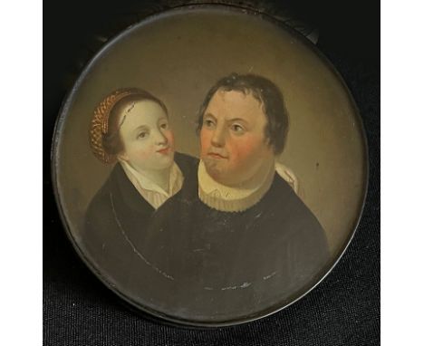Stobwasser, Deckeldose, Holz, mit dem Portrait von Martin Luther und Katharina von Bora, unterseitig PW/ 1875, Altersspuren, 