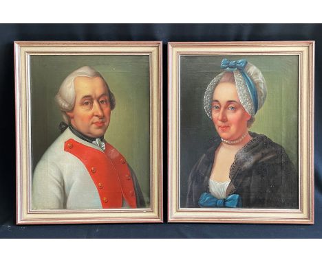 Unbekannter Künstler, um 1800, Portrait einer Dame und eines Herrn, Öl/Lwd, der Herr rücks. mit Etikett, 52 x 40 cm