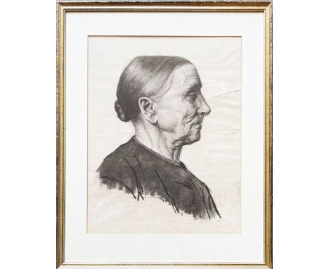 Portrait einer alten Dame im Profil, sehr ausdrucksstarke und feine Kohlezeichnung, monogr. "E F" (?), Altersspuren, kleiner 