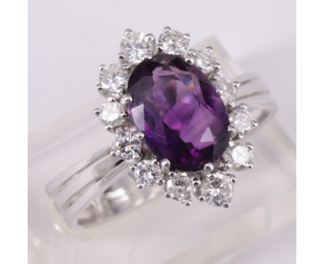 Damenring, 585er WG, mit sehr schönem, lilafarbenem Amethyst, 3,4 ct, sowie 12 Brillanten, insg. 0,99 ct w si (laut Schmuckpa