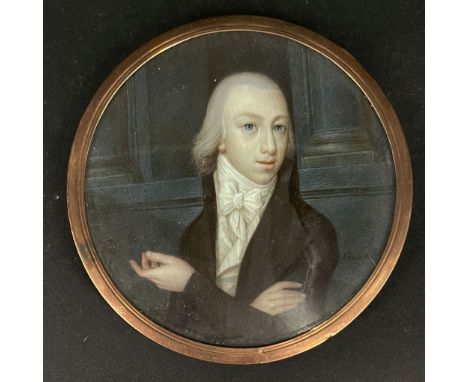 Giovanni Battista GIGOLA (1769-1841), Portrait eines jungen Mannes in schwarzem Rock und weißem Hemd mit Schleife, Miniatur, 