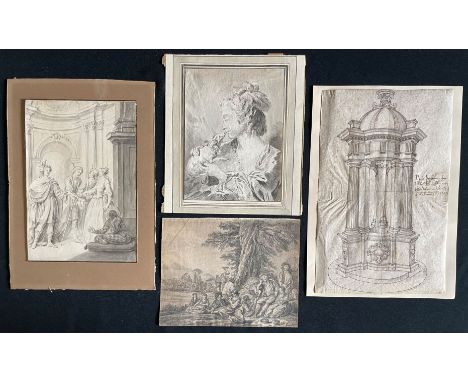 Konvolut Zeichnungen, vier Blätter: Tuschezeichnung eines Brunnens, bez. "Neuo Brunnen im Schloss zu Lichtenart", dat. "Febru