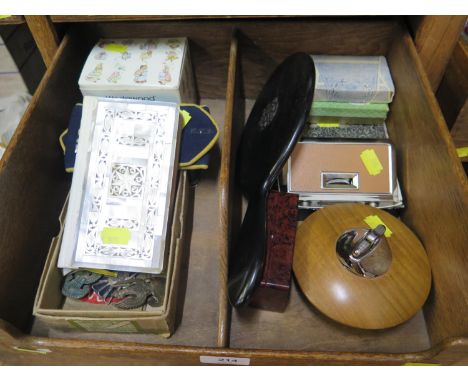 Various collectables, including black and white elephant figures, Halcyon Days enamel box, over boxes, necklaces and brasswar