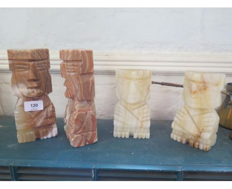 Two pairs of soapstone stylised figural bookends, 20 and 16 cm high and a brass oil lamp and collection of weights 