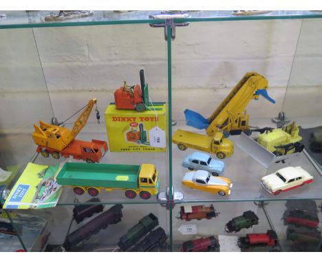 Dinky two-tone red and cream 170 Ford Sedan, yellow and grey 157 Jaguar, Austin Somerset, Leyland Octopus, Lorry Mounted Cran