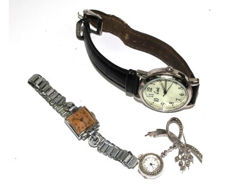 A ladies silver pendant watch, by Tenexact, with floral spray clip and a ladies 1940s Landi wristwatch and a gentleman?s Limi