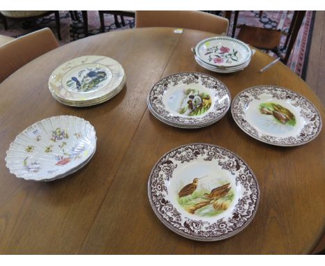 A pair of Edwardian shell shape plates with printed floral sprays, Spode Woodland pattern dinner plates, Portmeirion plates, 