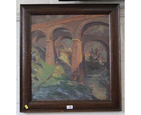 20th Century British SchoolChildren playing under viaduct arches, Walesoil on panel55 x 50 cm 