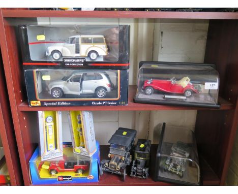 1/18 scale Minichamps Morris Minor Traveller and Maisto Chrysler Cruiser, Maisto and Franklin Mint 1/24 scale cars and two Ya