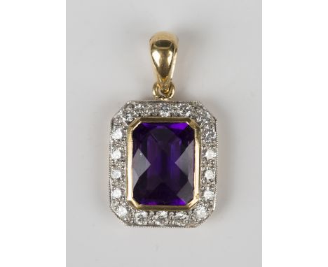 An 18ct gold, amethyst and diamond pendant of rectangular cut cornered design, mounted with an amethyst within a surround of 