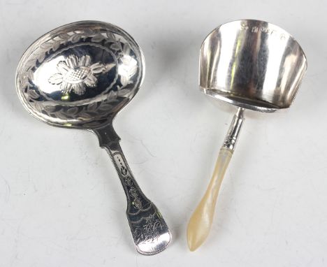 A George III silver caddy shovel with mother-of-pearl handle, Birmingham 1808 by Joseph Willmore, length 8cm, and a silver Fi