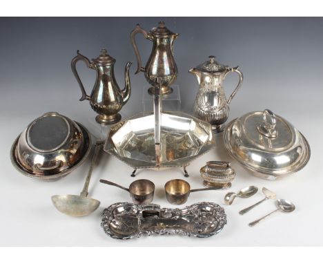 A pair of 19th century Sheffield plate candlesnuffers and tray and a group of other plated items, including a pair of café-au