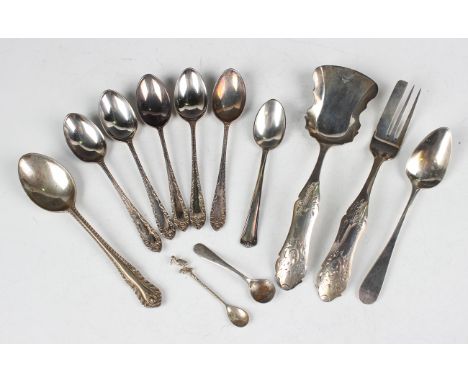 A Dutch silver serving shovel and fork, each shaped handle with engraved decoration, length 16.2cm, together with a small col