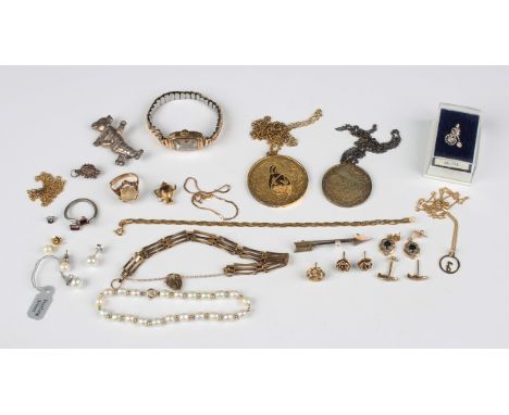 A collection of jewellery, including a 9ct gold gate link bracelet, length 17cm, another 9ct gold bracelet, a 9ct gold and ci