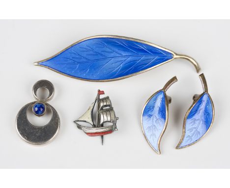 A David Andersen silver gilt and blue enamelled brooch, designed as a leaf, detailed 'D-A Norway Sterling', width 6.8cm, and 