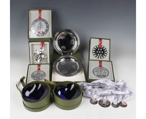 Five Christofle plated Christmas tree decorations, including a teddy bear and a Christmas tree, all boxed, four other Christo