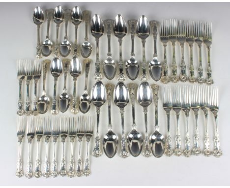 A Victorian part canteen of silver Queen's pattern cutlery, comprising twelve tablespoons, six table forks, eleven dessert sp