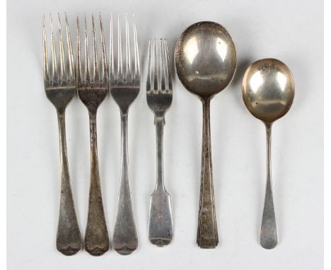 A set of three George VI silver Old English pattern table forks, Sheffield 1943 by James Dixon &amp; Sons, together with two 