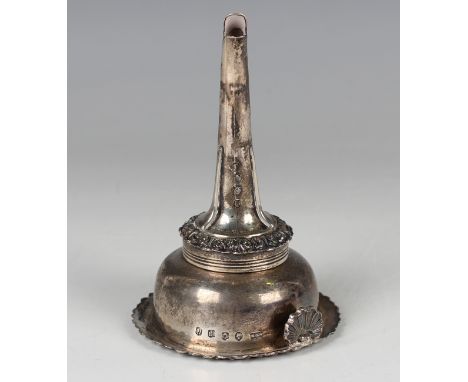 A Victorian Scottish silver wine funnel, the pieced bowl with cast foliate rim and scallop shell hook, fitted with a detachab