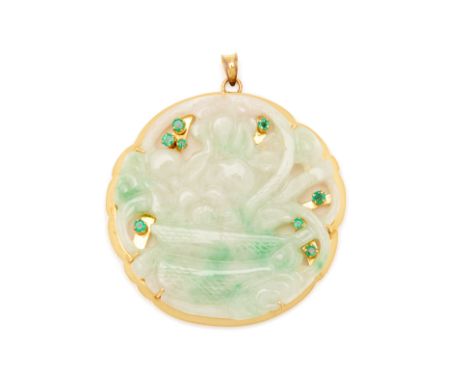 A CARVED JADE AND EMERALD PENDANT
The circular carved and pierced jade plaque depicting a vase of flowers, with claw-set emer