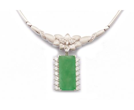 A JADE AND DIAMOND PENDANT NECKALCE Set in 18k white gold and platinum, the rectangular jade plaque drop with diamond set sid