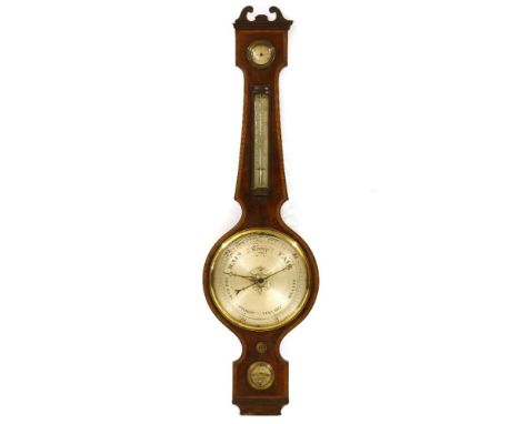 A mahogany inlaid banjo barometer, with hydrometer thermometer, level inscribed E Wrench, London, 110.5cm high