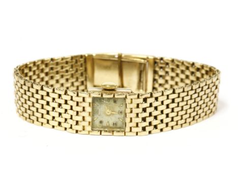 A 9ct gold ladies Swiss mechanical bracelet watch, inset square dial, Arabic and baton numerals, integral five row panther br