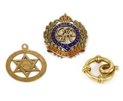 A 9ct gold red and blue enamel Royal Engineer's brooch, by Cropp & Farr, 5.68g, a gold Star of David pendant with Jewish scri