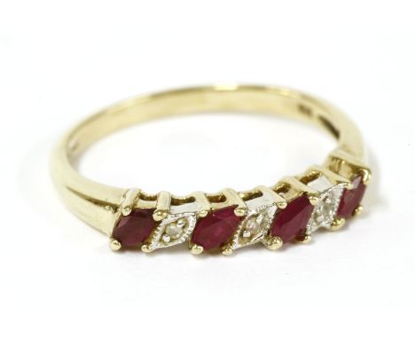 A 9ct gold marquise cut ruby and diamond half eternity ring, 2.42g