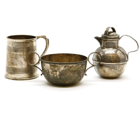 A George III style silver christening mug, Birmingham 1915, Alexander Clark & Co, with two rubbed bands, together with a twin
