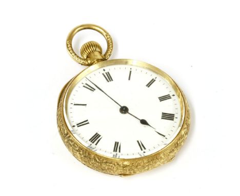 A Continental gold open face fob watch, white enamel dial with Arabic numerals, presentation engraving to cuvette, marked 18k