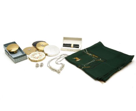 A collection of compacts, including Stratton and Mary Rose examples, together with costume jewellery, Chanel No5 perfume and 