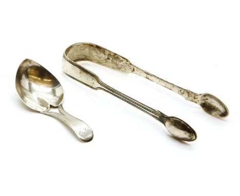 An early 19th century silver caddy spoon, and a pair of silver Victorian sugar 'bows'
