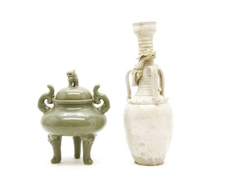 Two Chinese ceramic items, a Sung white glazed vase, with dragon and three handles, 38cm high, a celadon and cover, 26.5cm hi