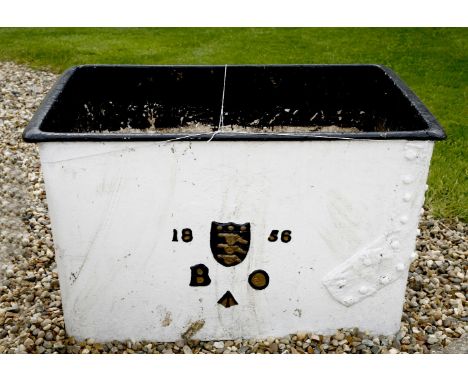 An iron trough, inscribed 1856 and with War Department arrow and 'BO' for Board of Ordnance, 103cm wide, 70cm deep, 59cm high