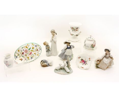 An assortment of ceramics, to include Lladro and Nao figures, together with Aynsley, Minton and Royal Crown Derby pieces