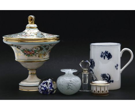 A Bristol blue and white 1977 decanter and stopper, a Royal Worcester breakfast set, 2006, H.R.H 80th birthday in original bo